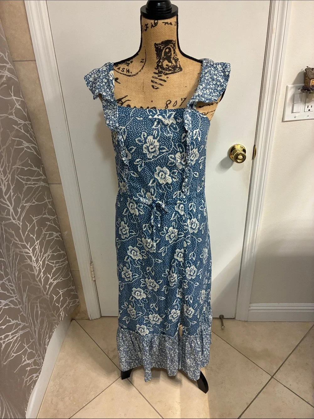 PAIGE Blue and White Floral Maxi Dress with Ruffle Hem Sz S